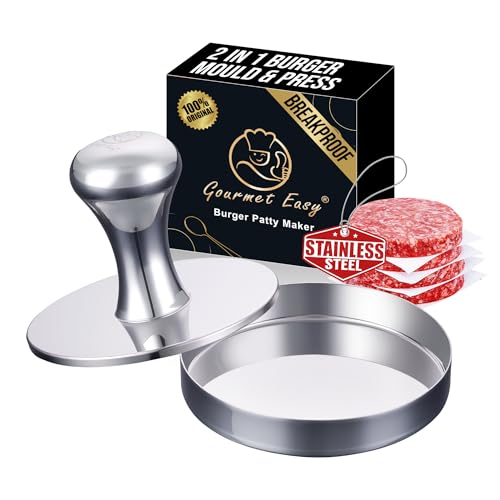 2-in-1 Smash Burger Press & Patty Maker, Heavy Duty Premium Stainless Steel Hamburger Helper, Easy-Clean Design, Hamburger Press with Patty Liner, Mirror Polished Burger Mold, Dishwasher Safe
