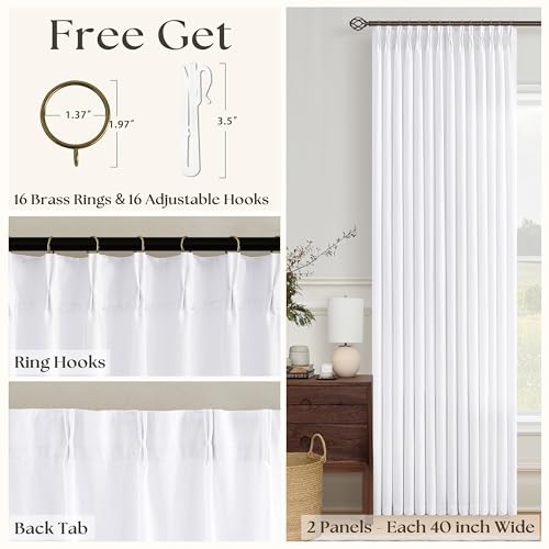 Image of Pure White Pinch Pleated Semi Sheer Linen Curtain 108 Inch Extra Long Drape | Bohemian, Light Filtering Privacy, Floor To Ceiling, Burlap Textured, Living Room Glass Door, Hook Rings Memory Shape, Drapes