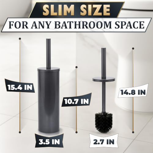 Image of Graphite Metallic Stainless Steel Toilet Brush and Holder Set | Toilet Bowl Brush and Holder with Splash Cover, Sturdy Bristles, Corrosion & Scratch Resistant, Elegant Design