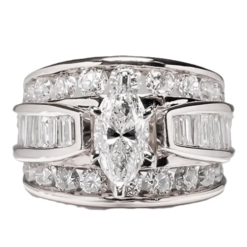 Cubic Zirconia Half Eternity Channel Set Round and Baguette Cut Marquise Shaped Solitaire Engagement Ring,Sterling Silver Plated Wide Statement Wedding Band Ring For Women