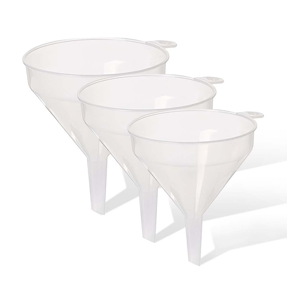 3Pcs Clear Plastic Funnel for Filling Bottles or Containers 18cm, 14cm, 8cm for Kitchen - Handle & Slimline Neck for Transfer powder Liquid and Oils ideal for Garage & Labs