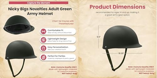Nicky Bigs Novelties Adult Green Army Helmet - Olive Drab Army Men Soldier Costume Gear Accessories - Plastic Gunner Vietnam War Military WW1 WW2 British Ally Cosplay Reenactment Helmet - One Size