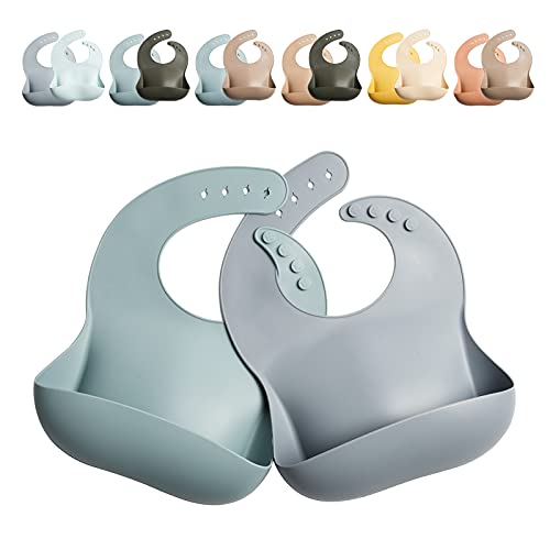 Image of GODR7OY Silicone Baby Bib, BPA Free Waterproof Bibs, Adjustable 2PCS (Grey, Blue)
