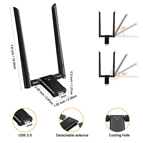 AQOTER Adattatore WiFi Wireless, Chiavetta WiFi USB 3.0 1200Mbps 5dBi 2.4GHZ/ 5.8GHZ, Antenna Dongle Dual Band Wireless Adapter WiFi per Desktop PC Mac Compatibile con Windows XP/7/8/8.1/10 Mac OS X