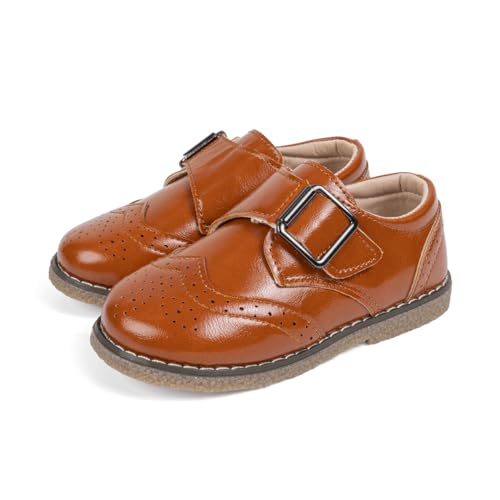 Image of Meckior Toddler Boys Girls Dress Shoes Little Kid Oxford Shoes Wedding Church Dress Shoes PU Leather Lace Up School Uniform Loafer Flats