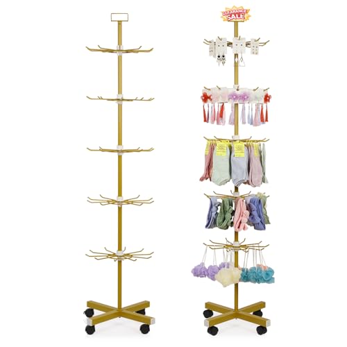 Image of Retail Display Stand 5 Tier Metal Spinning Display Rack with Wheels Keychain Jewelry Stocking Hat Display Stand with Hooks for Malls, Showroom, Retail Store (Gold)