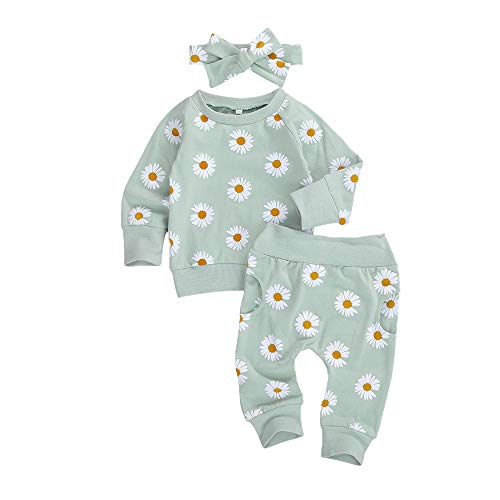 Infant Baby Girls Fall Winter Clothes Daisy Print Pullover Sweatshirt Tops Shirt+Pocket Pants Trousers 3Pcs Outfits (6-12 Months, Green)