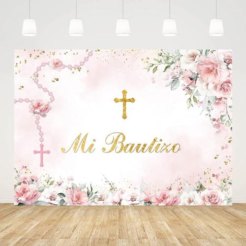 Toile de fond Mi Bautizo haut de gamme fleurs roses et paillettes or