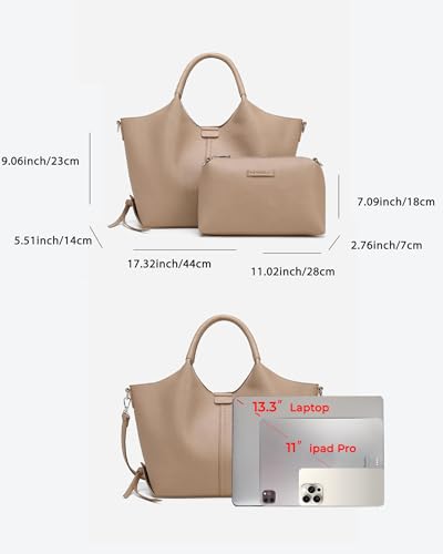 Image of NEWBELLA Women's Vegan Leather Tote Bag 2-Piece Set, Fashion Top Handle Purse with Buckle Design, Solid Color Shoulder Bag for Work, Travel & Daily Use (Apricot)