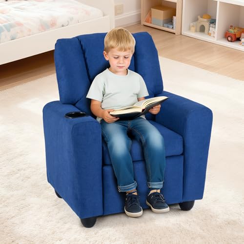Image of Kids Recliner, Toddler Lounge Chair w /Cup Holder, Wide Armrest, Kids Sofa w /Adjustable Footrest, Comfy Toddler Recliner Chair for for Boys & Girls 3 + (Fabric, Blue)