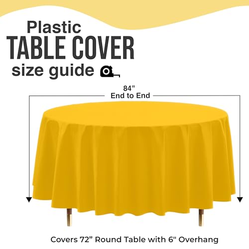 Image of Exquisite 66% Thicker Premium Yellow Round Tablecloth 0.5 Mil 12 Pack Plastic Table Cloth Disposable 84 Inch Round Plastic Tablecloth Won't Tear Easily Like Cheap Thin Brands
