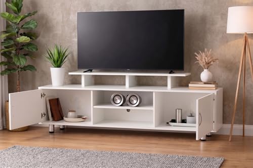 Image of Alpine Willow 6 feet TV Stand Wooden (DIY Assembly) | TV Stand Table for 32-75 Inch TVs | TV Unit for Living Room | TV Entertainment Unit | TV Cabinet with Storage -180x40x65 cm (Frosty White)