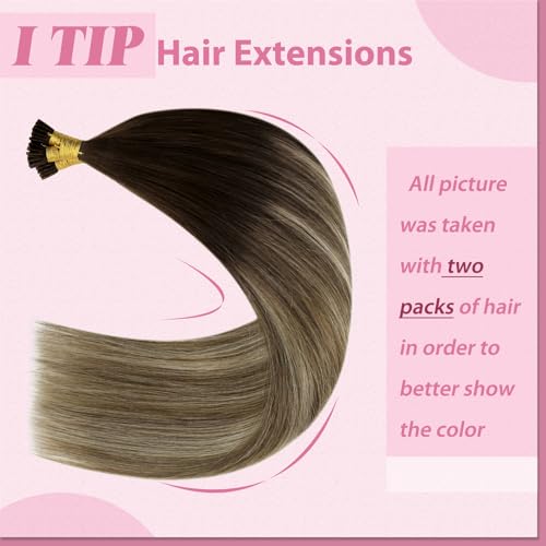 Image of YoungSee I Tip Hair Extensions Balayage, I-tip Microlink Hair Extensions, Balayage Drak Brown with Blonde, Human Hair I Tip Extension, 18 Inch 55 Strands 50g, for Adding Hair Volume
