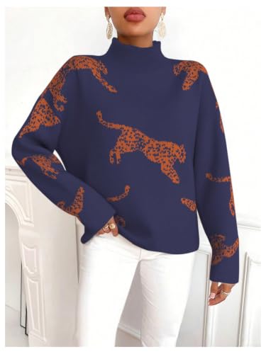 Image of WDIRARA Women's Leopard Tiger Print Sweater High Neck Long Sleeve Fuzzy Knitted Pullover Top
