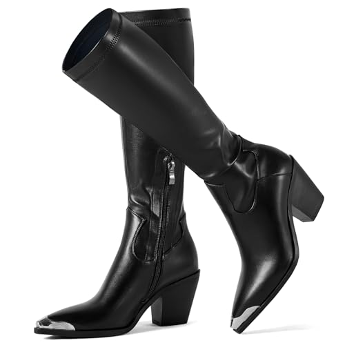 Women Knee High Boots Leather PU Stretch Block Chunky Heel Pointed Toe Cowboy Dressy Tall Boots