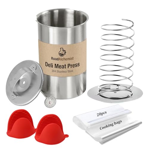 Deli Meat Press Stainless Steel with Thermometer Lunch Meat Press Mold Ham Maker Meat Press Tool with 20 Cooking Bags + 2 anti-scalding clips for Making Sandwich (Deli Meat Press Set)
