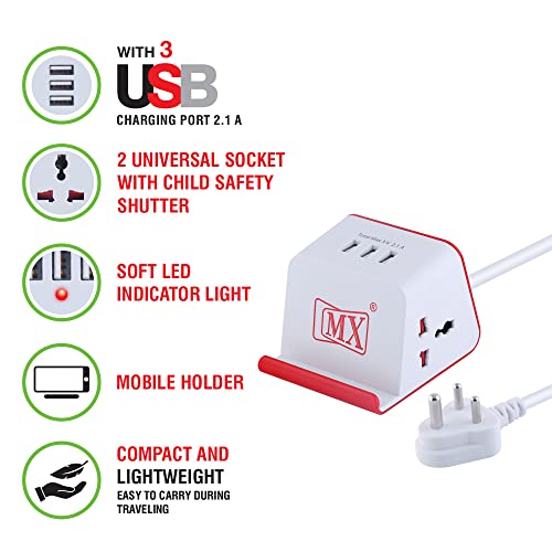 Image of MX Cube Universal Power Strip with 2 Universal Sockets + 2 USB Ports & 1 USB-C | Spike Guard with Smart Charging | Surge Protected Extension Cord (1.5 Meter) for Home, Office & Travel