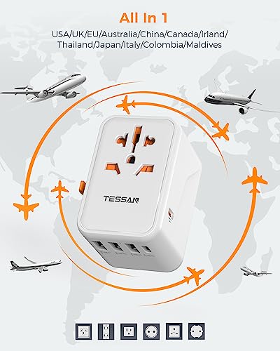 TESSAN Reiseadapter Weltweit PD Fast Charge, 45W Schnelles Aufladen Reisestecker Adapter mit 3 USB und 2 USB C, Universal für EU USA UK Thailand Australien Travel Adapter
