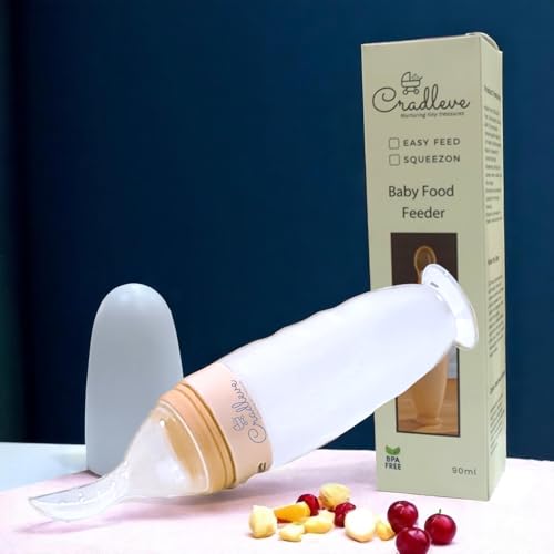 Image of CRADLEVE Squeezon Baby Food Feeder (90ml), First Feed Baby Silicone Food Feeder, Soft Silicone Spoon, BPA- Free for Cereals, Puree and Semisolids for Infants | Variable Flow Control /Anti choke | 4m+. (Baby Pink)