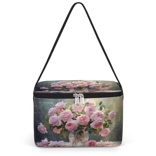 GzLeyigou Pinks Roses Lunch Bags for Women Men 9 Cans, Hot & Cold Food Delivery Bag Insulated Grocery Bag Insulated Lunch Box Round Glass Vase Cooler Bag for Office Work Picnic Beach
