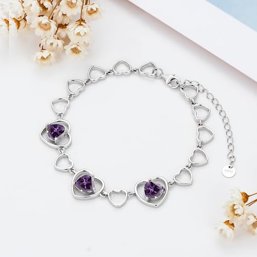 Mother's Day 3 Heart Birthstone Bracelet 925 Sterling Silver Gemstone Bracelets Jewelry Gifts for Women Wife Mother 6.5-inch Chain and 2-inch Extender3