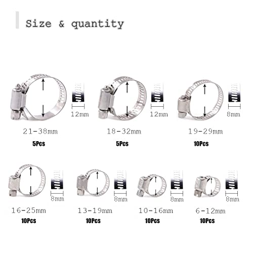 Dabeto 60 Stück Schlauchschellen Set 6-38mm,Innen und außen komplett aus 304 Edelstahl,Starker Schutz gegen Rosten,Bandbreite 8-12mm,7 Größen Set Sortierte Lagerung in einer Box