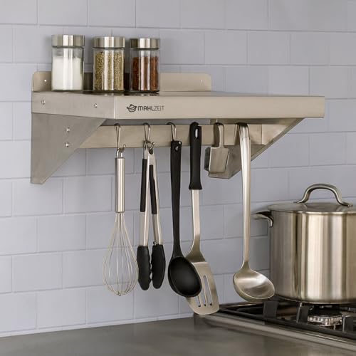 Mahlzeit Estante de Pared de Acero Inoxidable con Barra de Ganchos | 60 x 30 cm | Estante Colgante | Estante Cocina de Acero Inoxidable, Estante Flotante, Estante de Pared | Estantería para Cocina - imagen 2