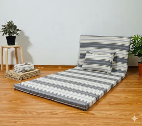 Image of Foldable Mattress Queen Bed Size 5 x 6 Feet | Soft Foam Folding Floor Sleeping Mattress with 1 Filled Pillow for Travel, Camping, Home, Yoga Hostel Guest Room PG Use | Brown White Stripped