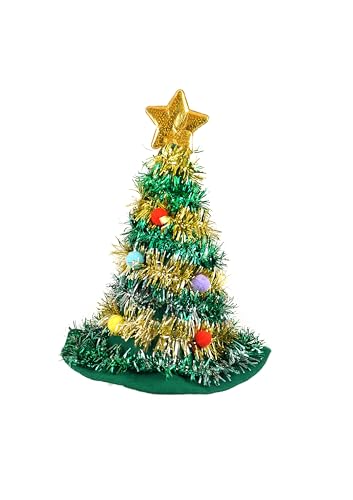HENBRANDT Adult Christmas Tree Hat with Tinsel and Gold Star Topper 43cm | 17inch Christmas Holiday Party Headwear Fun Gift Xmas Fancy Dress Costume Accessory Novelty Hats for Men and Women