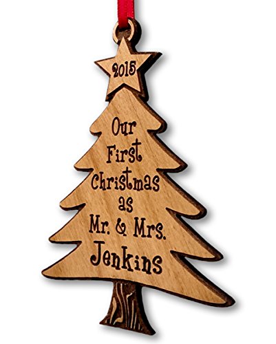 Newlywed Christmas Ornament Lovebirds Personalized Heart Tree Trunk Design Mr Mrs Wedding Date Name Engraved Couples Our First for Him Her Engagement Together (Tree)