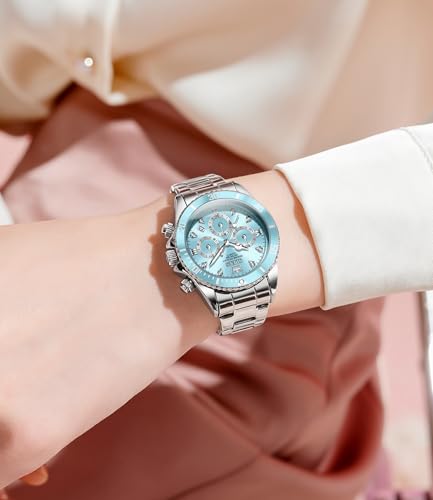 Image of OLEVS Watch for Women Luxury Stylish Diamond Analog Quartz Chronograph Elegant Silver Stainless Steel Chain Waterproof Date Ladies Wrist Watch