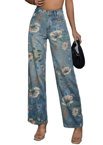 CHARTOU Women Mid Rise Floral Printed Straight Leg Jeans Baggy Summer Patchwork Denim Pants