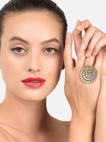 ZAVERI PEARLS Gold Tone Kundan Flower Adjustable Finger Ring For Women-ZPFK10176 - Image 4