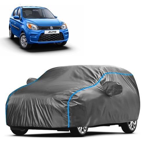 Image of Kerwa Car Body Cover Waterproof Compatible with Maruti Alto 800 | Scratch Proof, Anti-Dust, UV Protection | Windproof Buckle Strap | Fitted Bottom Elastic | Side Mirror Pockets-Grey