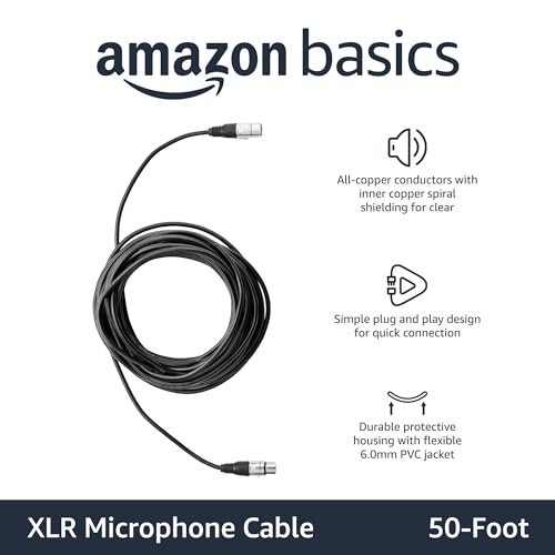 Image of Amazon Basics XLR Microphone Cable for Speaker or PA System, Recording Studio, All Copper Conductors, 6MM PVC Jacket, 50 Foot, Black