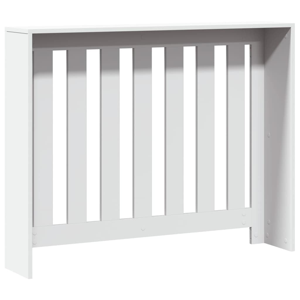 Okładzina grzejnika biała z materiału drewnopochodnego 104 x 20 x 82 cm z listewkami, praktyczna półka do salonu, montaż z uchwytem, łatwa w utrzymaniu i stabilna