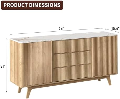 62" W Fluted Buffet Cabinet with Sliding Doors, Modern Sideboard Storage Cabinet with Power Outlet & 3 Drawers, Mid-Century Coffee Bar Table for Living Room, Dinning Room, Natural - 1