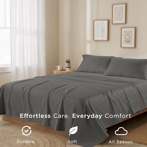 Threadmill Cotton Queen Sheet Set | 100% Cotton Sheets for Queen Size Bed | Damask Jacquard Queen Bed Sheets Set with 16” Deep Pocket | Soft Sateen Weave 4-Piece Cooling Bedding Set | Dark Grey
