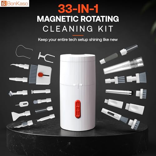 Image of BonKaso 33-in-1 Cleaning Kit for Laptop, Keyboard, Earbuds & Camera, Magnetic Rotating Multipurpose Device Cleaner (Liquid NOT Included) with Brush & Dust Remover - White