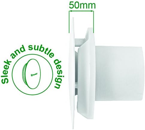 Side profile of Xpelair C4HTR fan showing 50mm depth and 'Sleek and subtle design' text