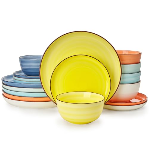 Sweese Plates and Bowls Sets, 18 Piece Dinnerware Set Porcelain Round Dinner Set for 6, Scratch Resistant Dishes Set, Dishwasher Oven Microwave Safe Handpainted Swirl Dishware Sets, Assorted Colors