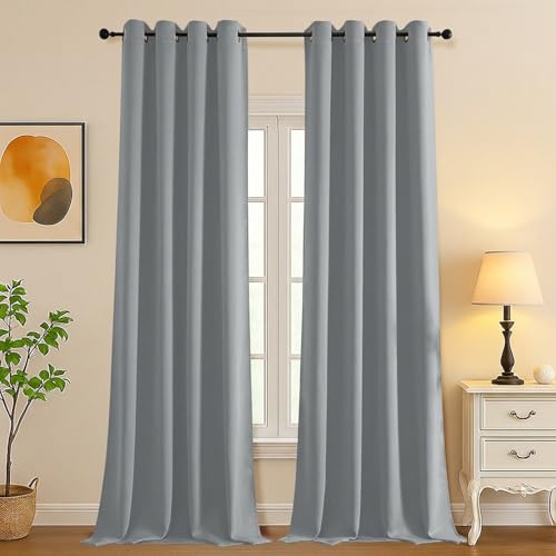 Image of Simplebrand Silver Grey Room Darkening Curtains for Bedroom Living Room 108 Inches Long 2 Panels, Thermal Insulated Curtains & Drapes, Solid Grommet Noise Reducing Window Treatment, W50 x L108 Inch