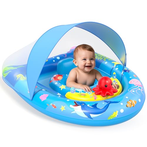 Sunrad Baby Pool Float with Canopy UPF50+ Sun Protection, Inflatable Baby Swim Float with Toy Play Console & Adjustable Safety Seat, Toddler Infant Pool Floaties for 6-36 Months (Blue)