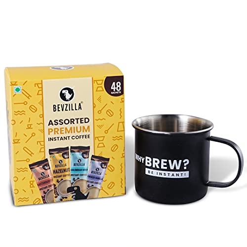 Image of Bevzilla Combo Of Instant Coffee 48 Sachets box, Mug & Frother | 48 Sachets (Assorted) | 350 ML Enamel Coffee Mug| Arabica Coffee| English Butterscotch, French Vanilla, Turkish Hazelnut & Colombian Gold Flavours