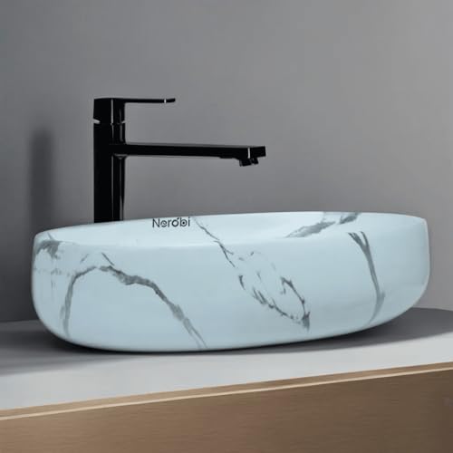 Image of Designer Counter Top Wash Basin | Tabletop Ceramic Bathroom Sink | Wash Basin Over Counter | Wash Basin For Bathroom, Living Room (24 x 15 x 6 Inch) (Marble White Grey)