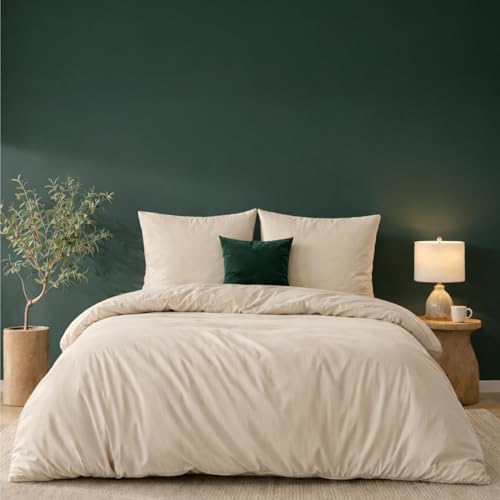 Twinzen Housse De Couette 200x200 cm avec 2 Taies Oreiller 65x65 cm, Beige - Parure de Lit 200x200 Adulte en Microfibre - Oeko-Tex