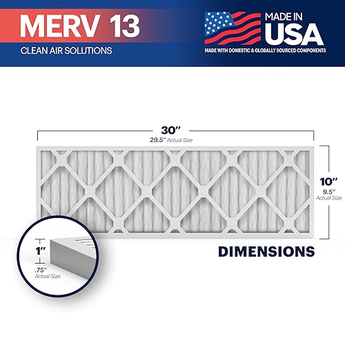 BNX TruFilter 10x30x1 Air Filter MERV 13 (4-Pack) - MADE IN USA - Electrostatic Pleated Air Conditioner HVAC AC Furnace Filters for Allergies, Pollen, Mold, Bacteria, Smoke, Allergen, MPR 1900 FPR 10