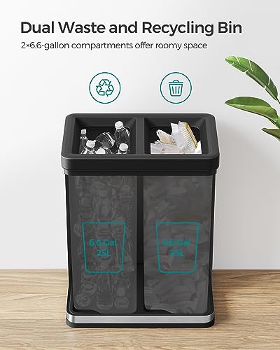SONGMICS 2 x 6.6 Gallon Open Top Trash Can, Dual Compartment Garbage Can for Waste and Recycling, Stainless Steel, Trash Bin for Office, Restaurant, Commercial Use, Silver ULTB710E50