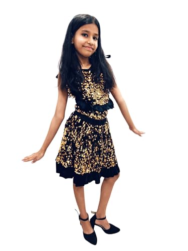 Image of BookMyCostume Western Dance Costume for Girls - Black & Golden Sequin Top and Skirt | Sleeveless Velvet Dress for Kids | Annual Day Dance Dresses & Fancy Dress for Stage Shows & Performances 4-5 Years