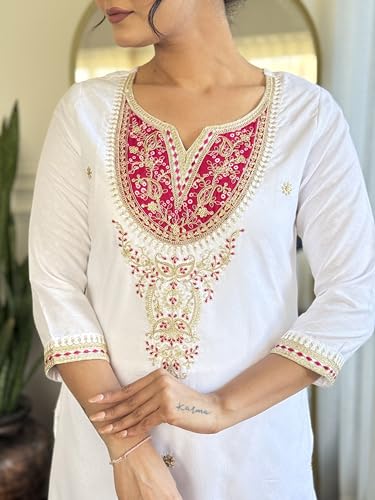 Image of Naixa Women's Viscose Embroidered Straight Kurta with Viscose Pant and Silk Blend Embroidered Laced Dupatta Sets (Available in Plus Size)